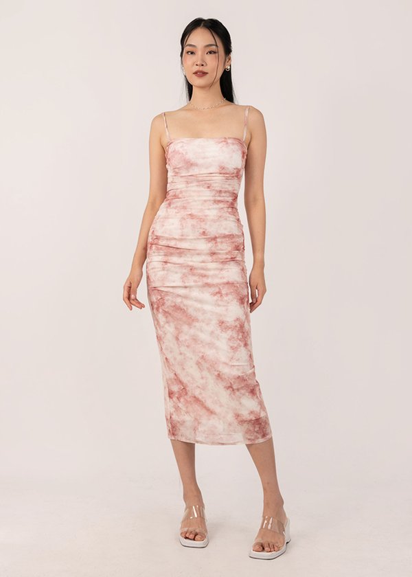 Mystic Ruched Midi Dress in Tie Dye Coral Red