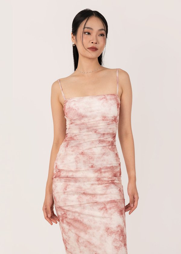 Mystic Ruched Midi Dress in Tie Dye Coral Red