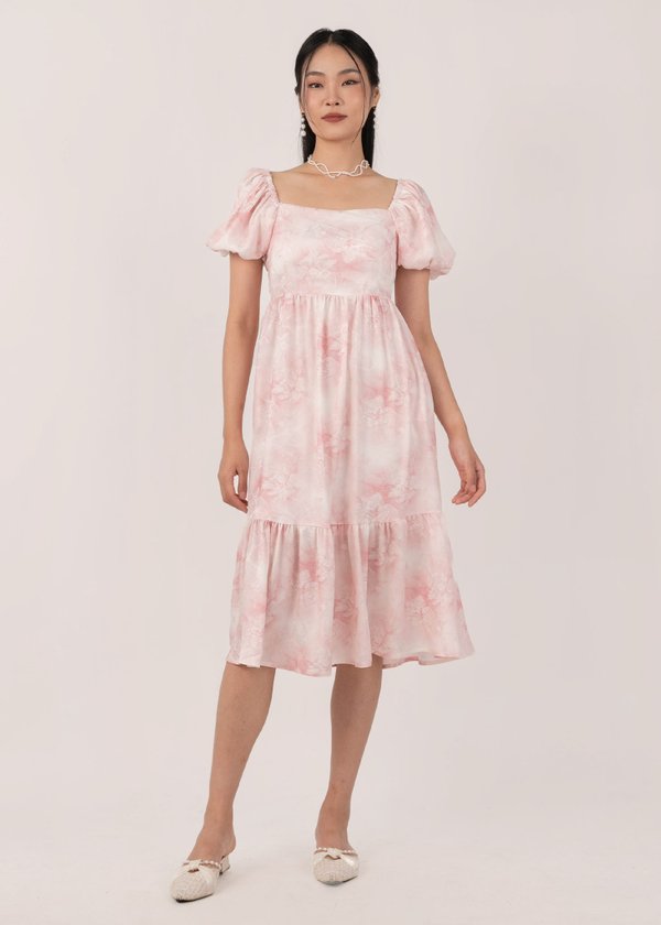 Pastel Waves Puffy Sleeves Watercolour Midi Dress in Pink