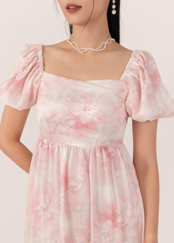 Pastel Waves Puffy Sleeves Watercolour Midi Dress in Pink