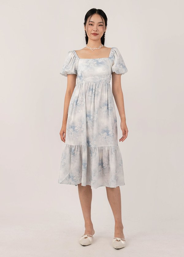 Pastel Waves Puffy Sleeves Watercolour Midi Dress in Blue