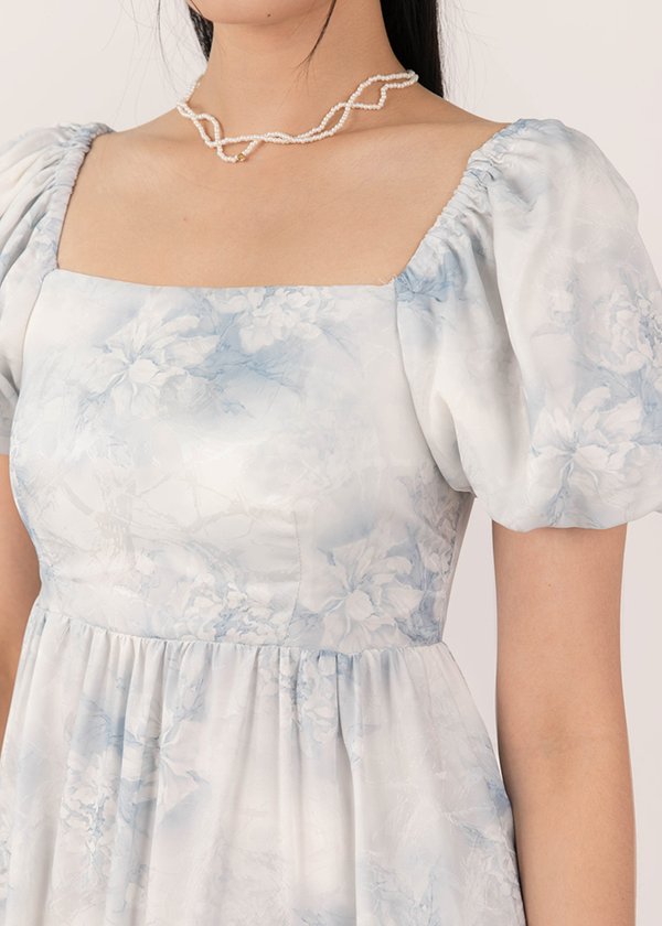 Pastel Waves Puffy Sleeves Watercolour Midi Dress in Blue