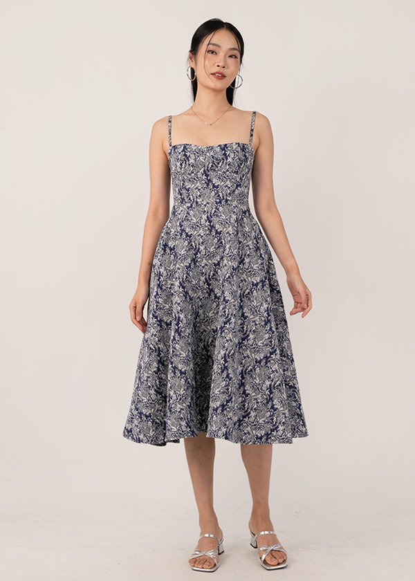 Avery Brocade Midi Dress in Prussian Blue