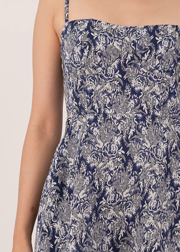 Avery Brocade Midi Dress in Prussian Blue