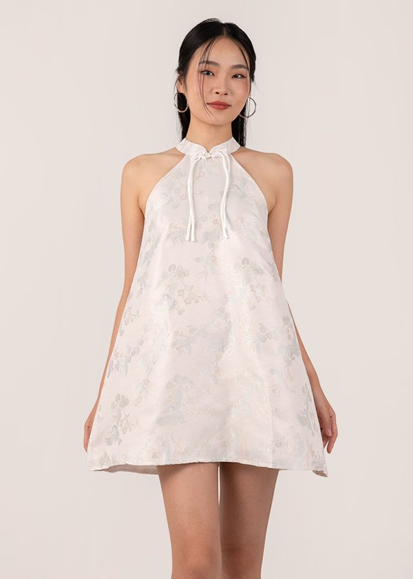 Phoenix Mandarin Halter Qipao Dress in Pearl White