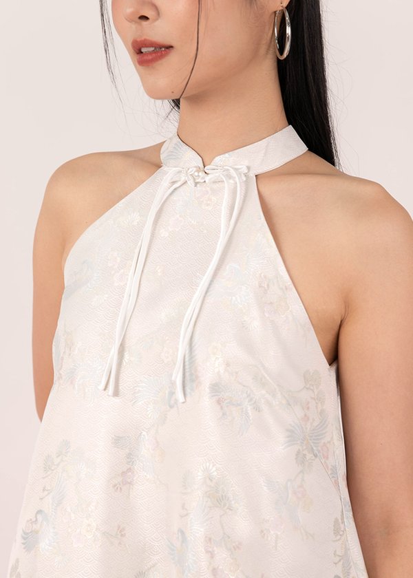 Phoenix Mandarin Halter Qipao Dress in Pearl White