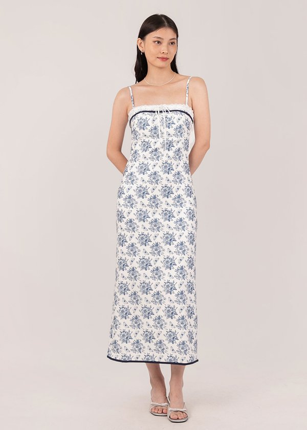 Azure Oriental Floral Midi Dress in Venice Blue