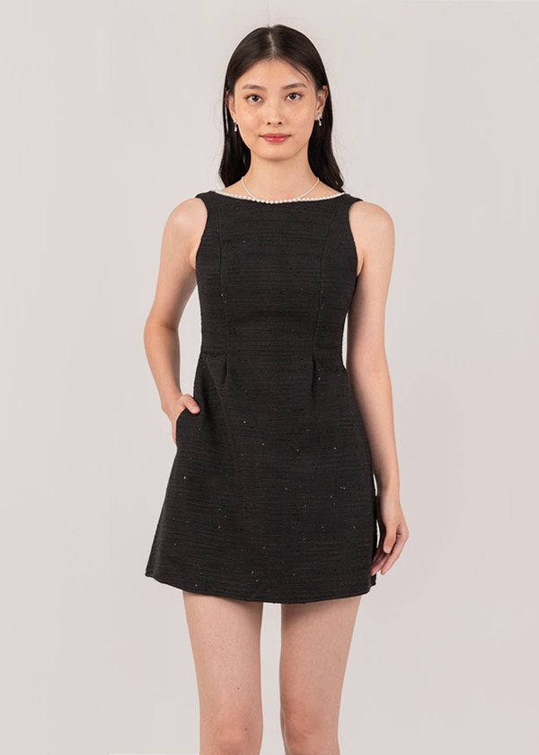 Soft Pearl Glow Mini Low Back Dress in Black