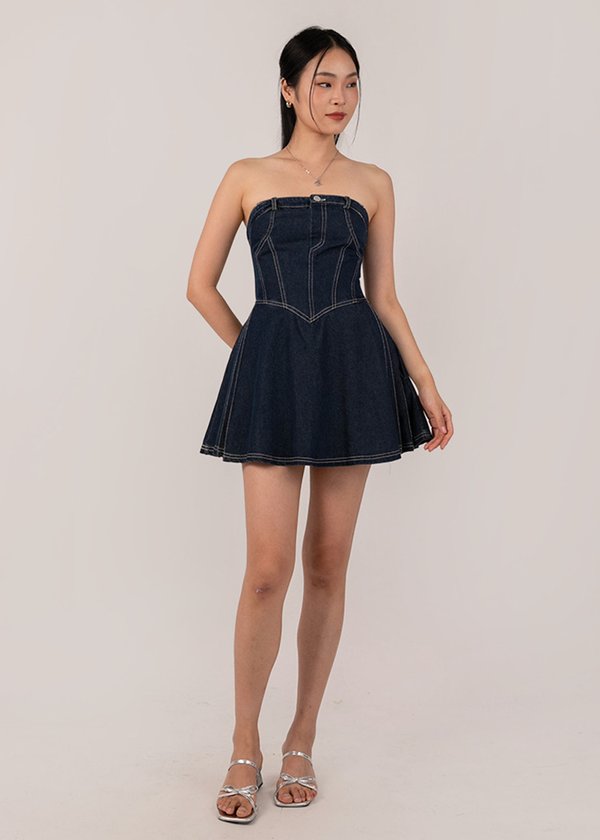 Denim Glow Skater Dress in Dark Blue Denim