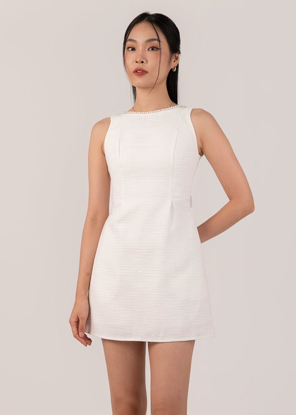 Soft Pearl Glow Mini Low Back Dress in White