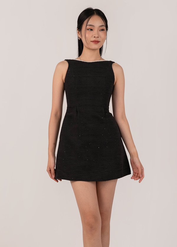 Soft Pearl Glow Mini Low Back Dress in Black