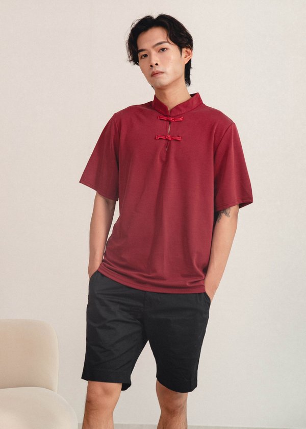 (MEN) Imperial Crane Mandarin Collar Top in Red