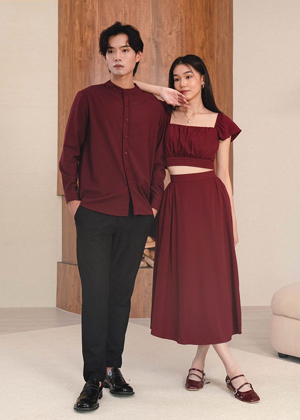 (MEN) Opulent Mandarin Collar Shirt (Long Sleeves) in Deep Red