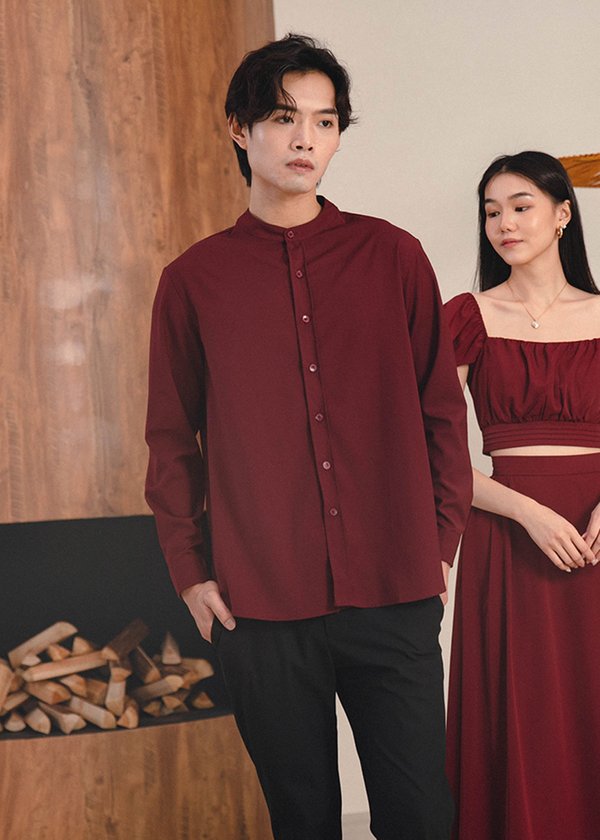 (MEN) Opulent Mandarin Collar Shirt (Long Sleeves) in Deep Red