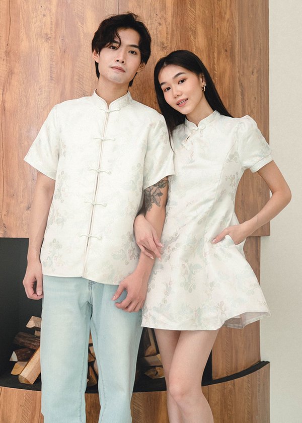 Phoenix Mandarin Sleeve Qipao Dress in Pearl White