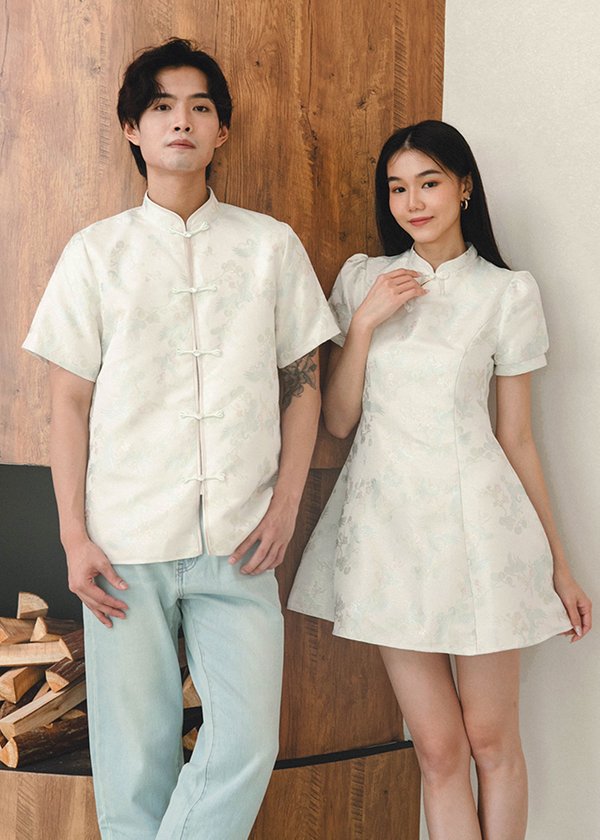 (MEN) Phoenix Mandarin Qipao Top in Pearl White