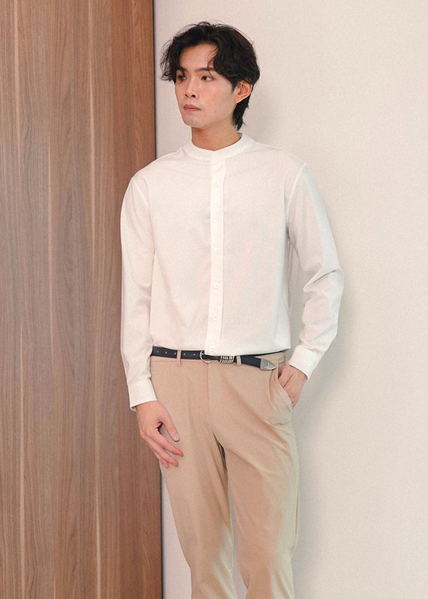 (MEN) Opulent Mandarin Collar Shirt (Long Sleeves) in White