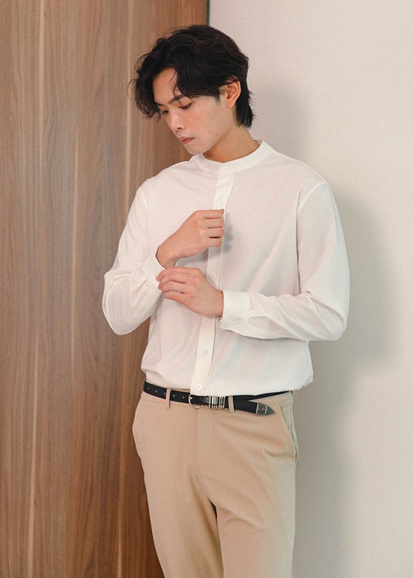 (MEN) Opulent Mandarin Collar Shirt (Long Sleeves) in White