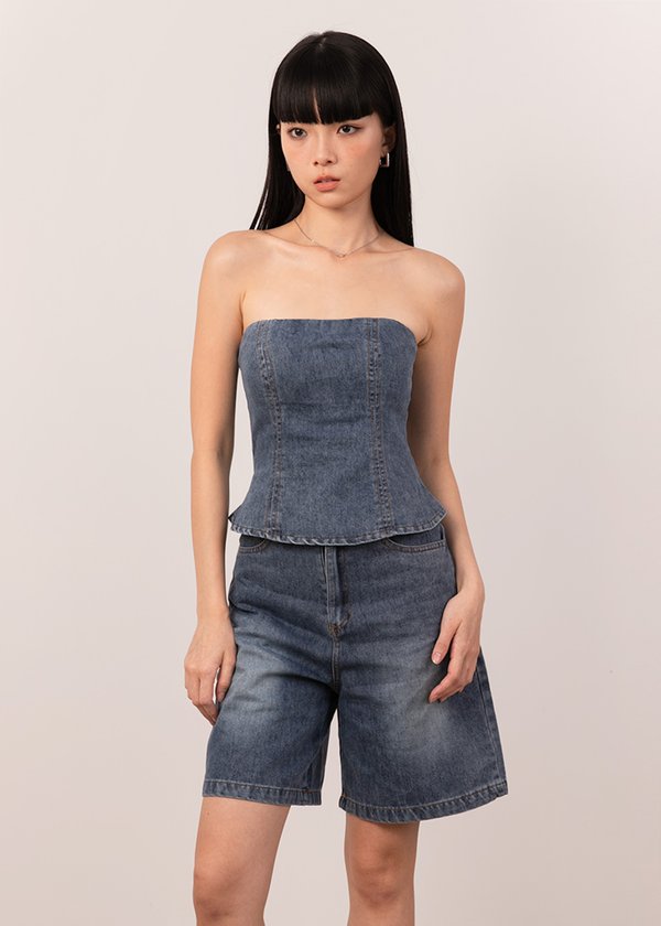 Jennie Denim Peplum Top in Denim Blue