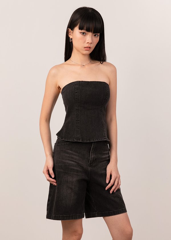 Jennie Denim Peplum Top in Black