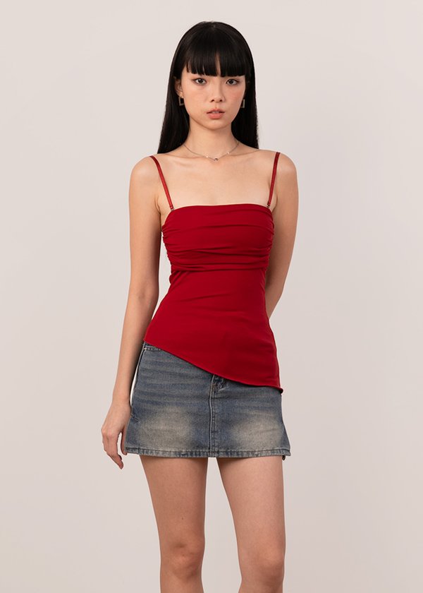 Rhea Asymmetrical Ruched Top in Cherry Red