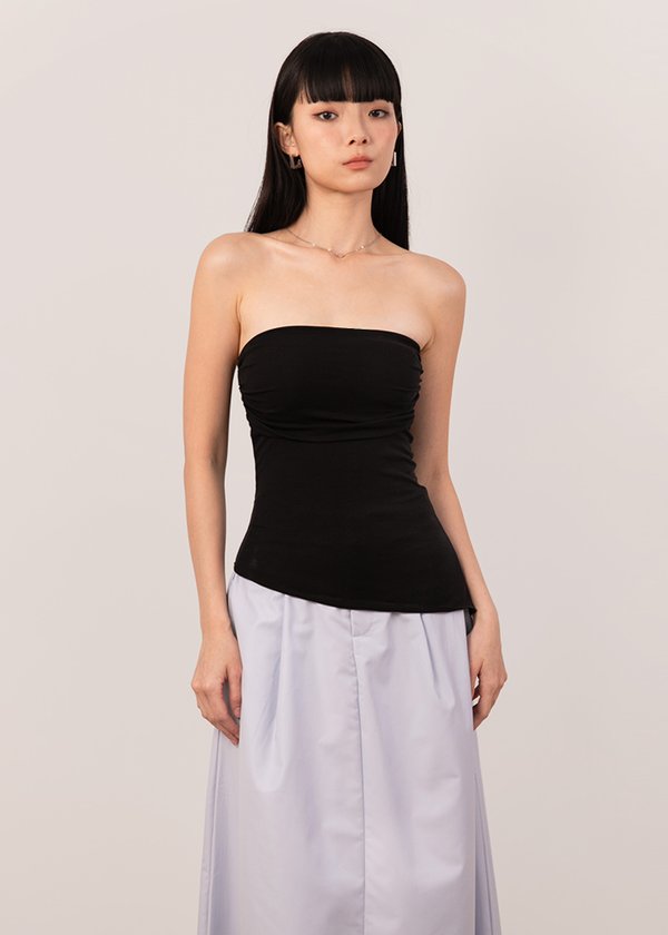 Rhea Asymmetrical Ruched Top in Black