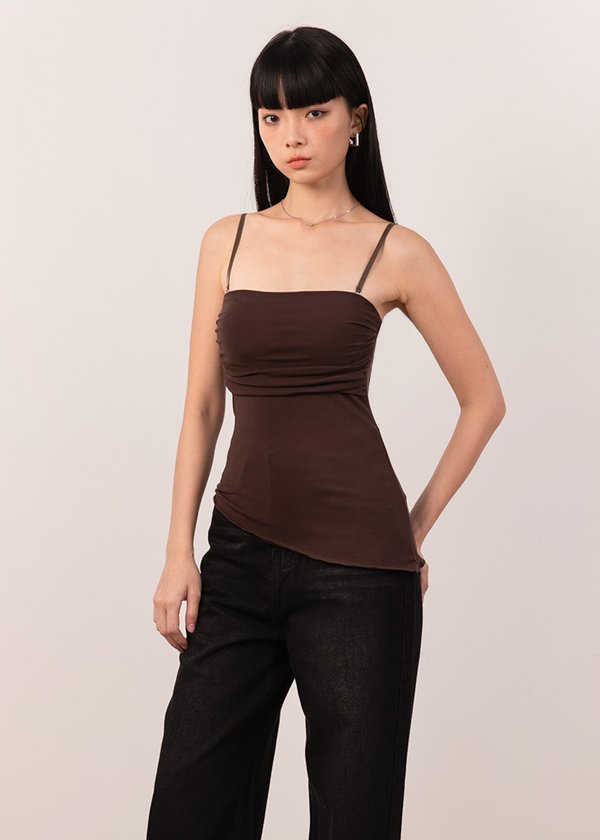 Rhea Asymmetrical Ruched Top in Espresso Brown