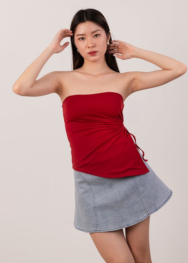 Thea Asymmetrical Ruched Top in Cherry Red
