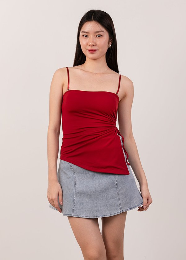 Thea Asymmetrical Ruched Top in Cherry Red