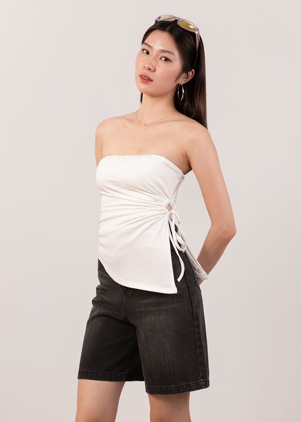 Thea Asymmetrical Ruched Top in White