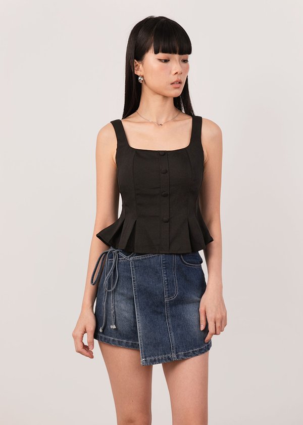 Mira Pleated Peplum Top in Black