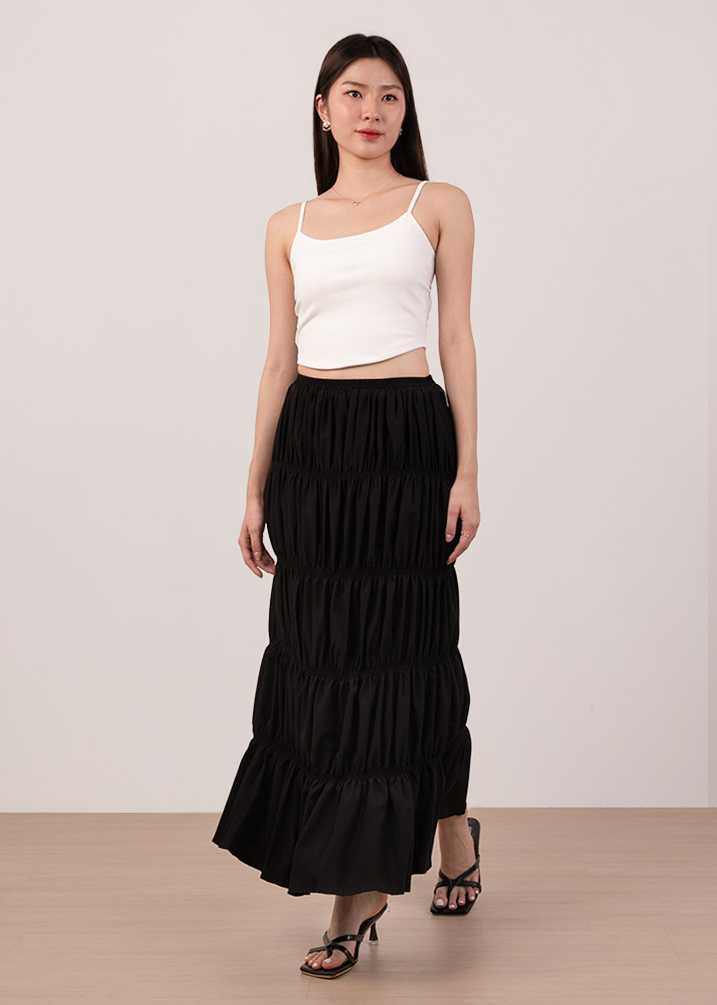 Swirl Tiered Maxi Skirt in Black | 6STYLE