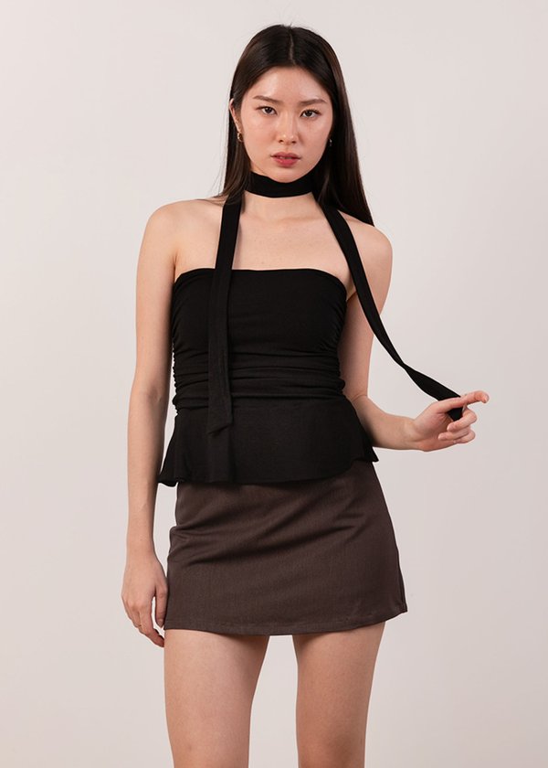Dewy Ruched Peplum Top in Black