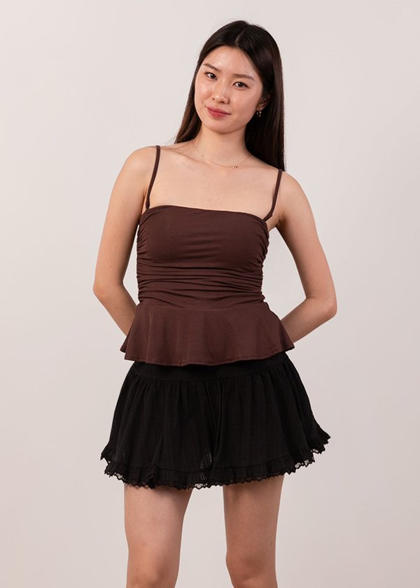 Dewy Ruched Peplum Top in Brunette Brown