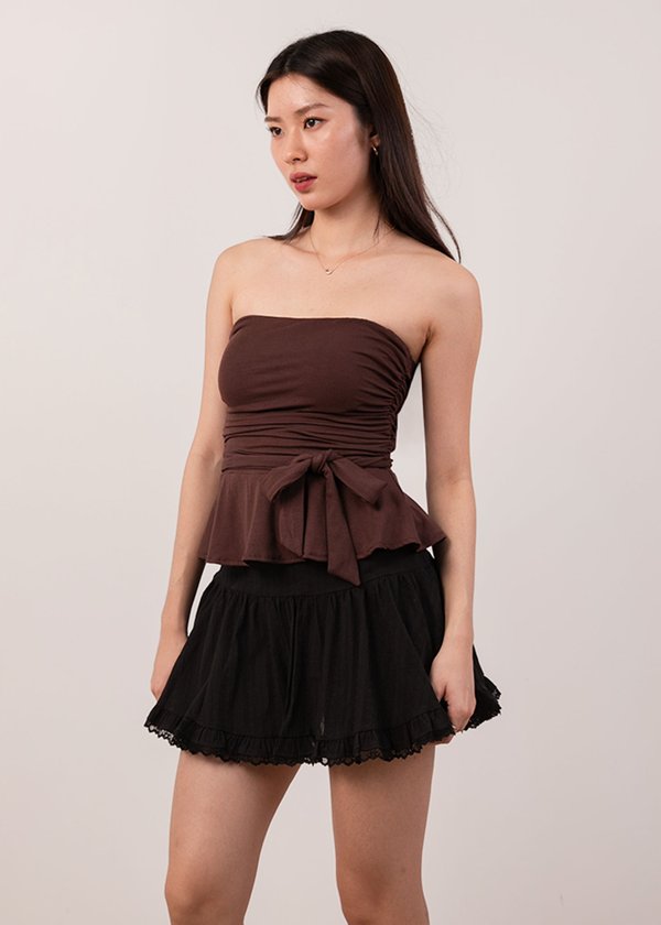 Dewy Ruched Peplum Top in Brunette Brown
