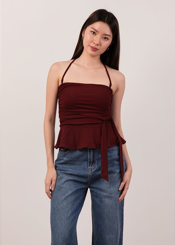 Dewy Ruched Peplum Top in Dark Maroon