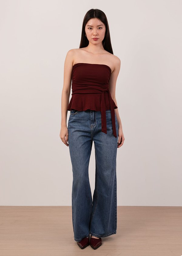 Dewy Ruched Peplum Top in Dark Maroon