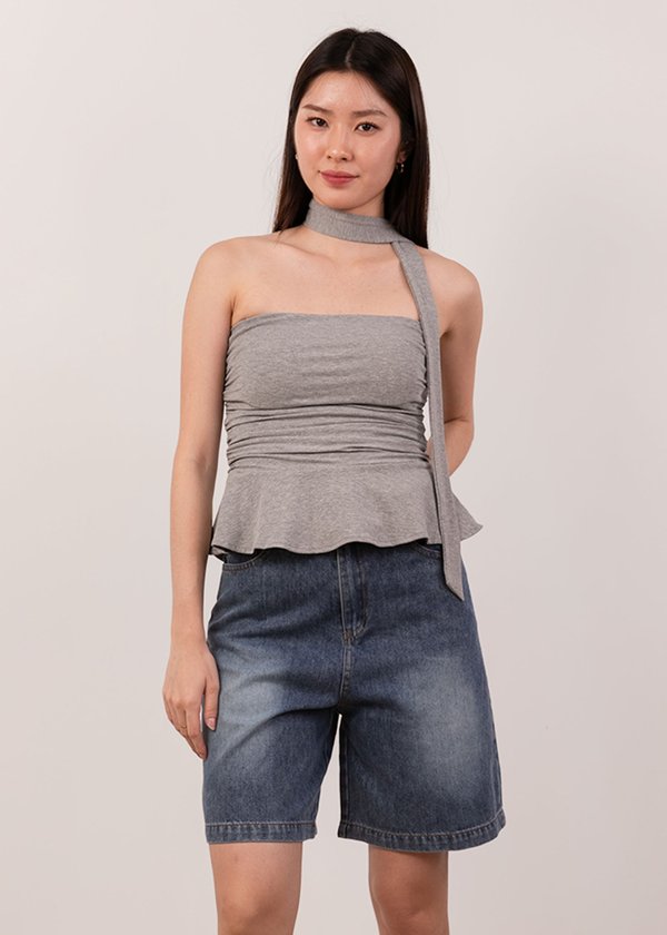 Dewy Ruched Peplum Top in Heather Grey