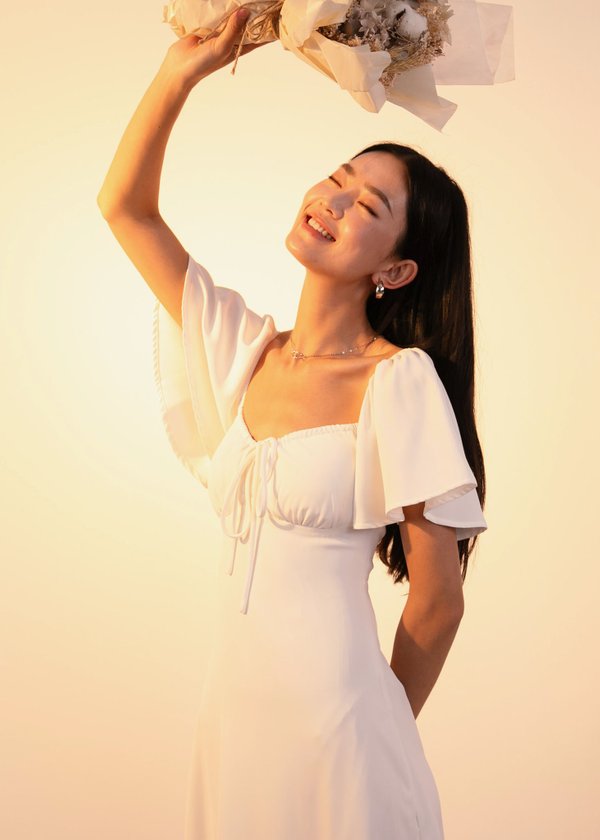 Roselle Flutter Midi Dress in White