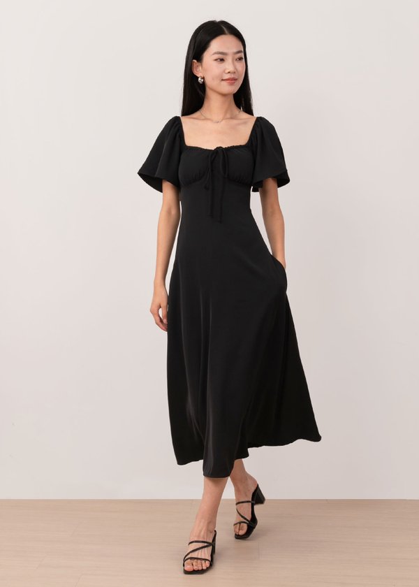 Roselle Flutter Midi Dress in Black