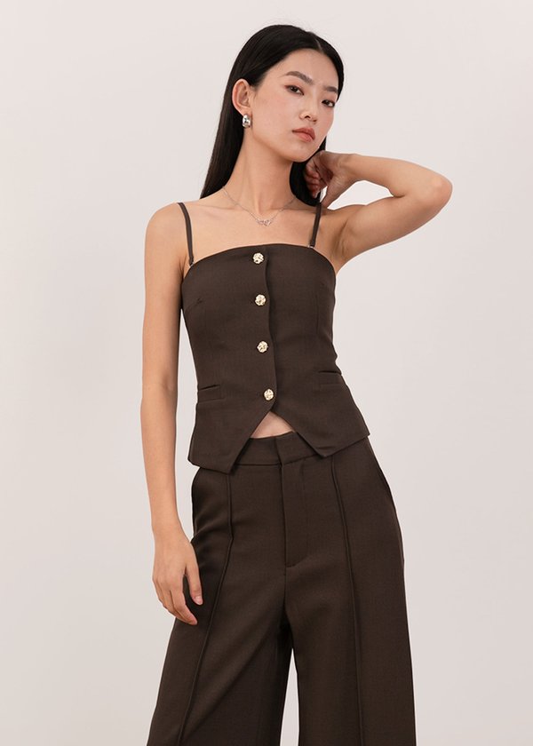 Hustler Buttoned Down Vest Top in Umber Brown