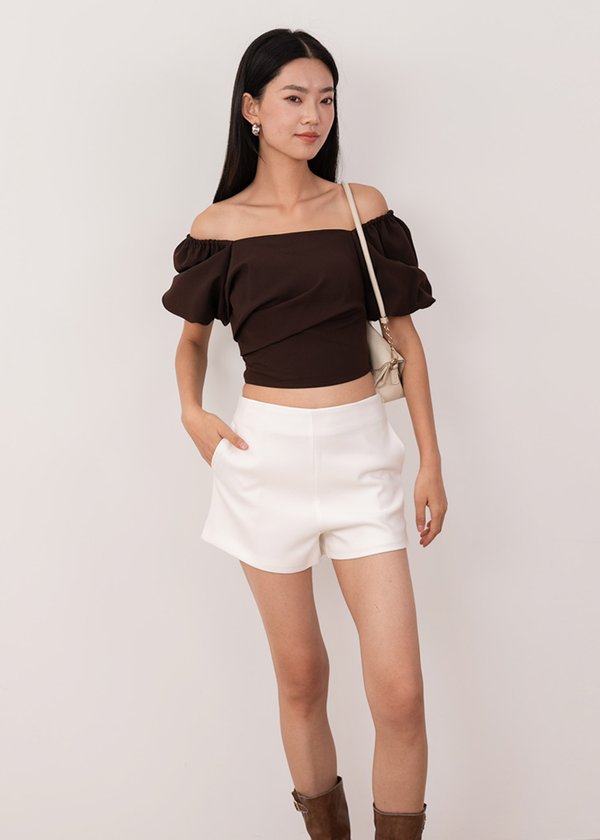 Camden Ruched Puffy Sleeve Top in Espresso Brown