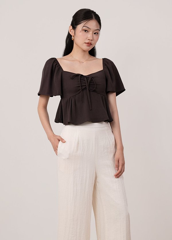 Faye Flutter Babydoll Top in Deep Dark Brown