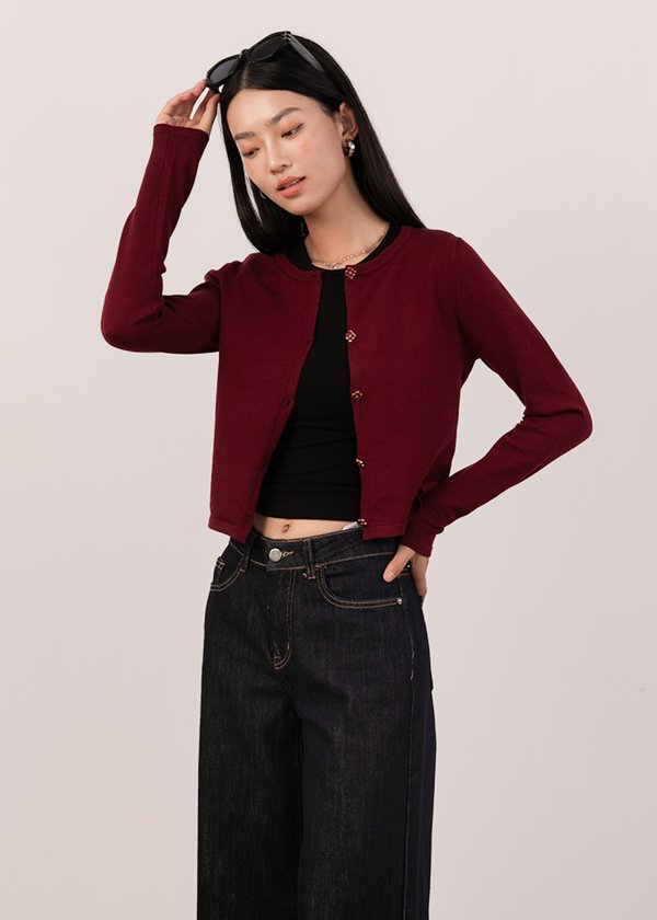 Soft Clover Knit Cardigan in Dark Red