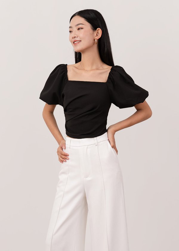 Camden Ruched Puffy Sleeve Top in Black