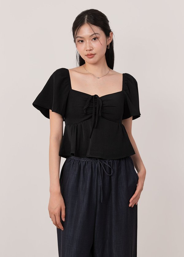 Faye Flutter Babydoll Top in Black