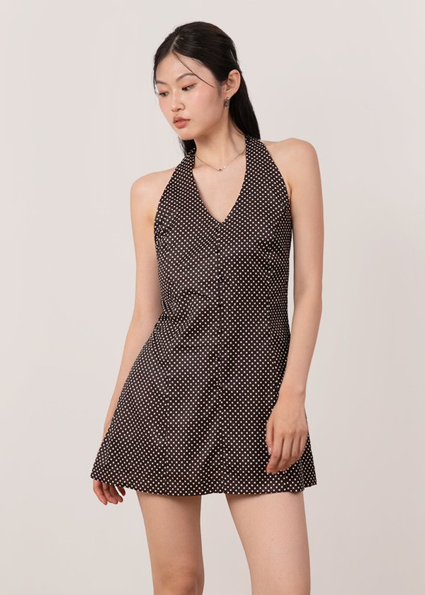 Dottie Polka Dot Skater Dress in Dark Brown x Cream