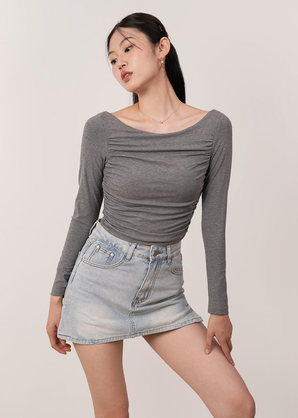 Blaire Ruched Low Back Top in Neutral Grey