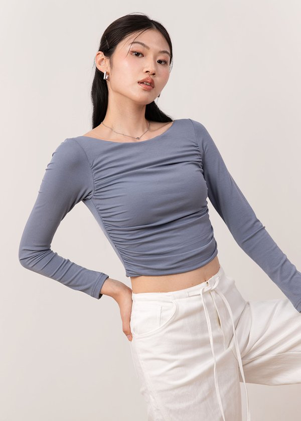 Blaire Ruched Low Back Top in Steel Blue