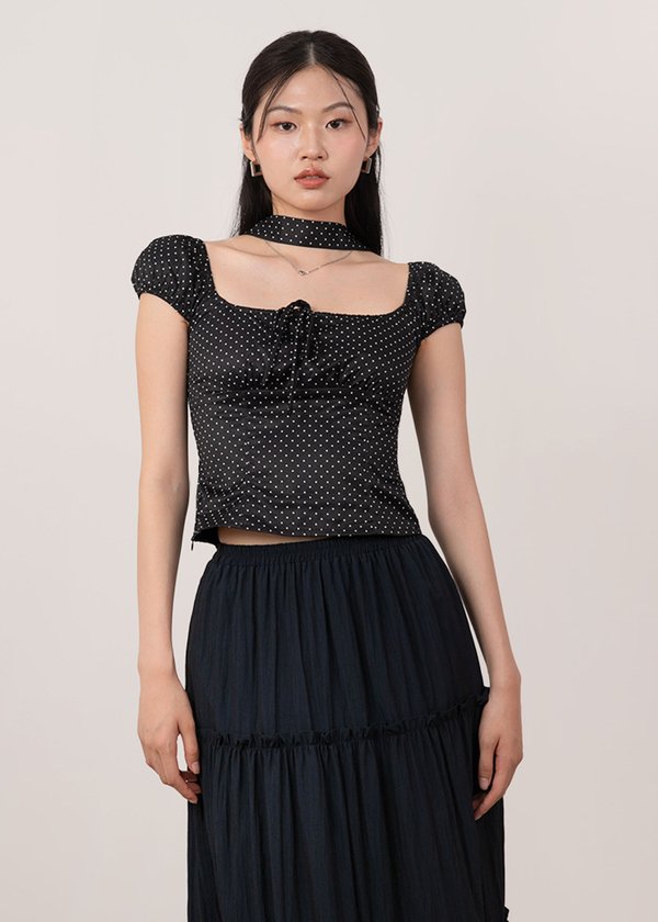 Kya Polka Dot Cap Sleeve Top in Black